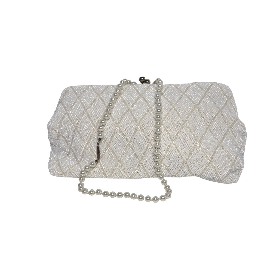 Vtg White Beaded Kiss Evening Bag Purse Japan Formal Glam Missing 1 rhinestone